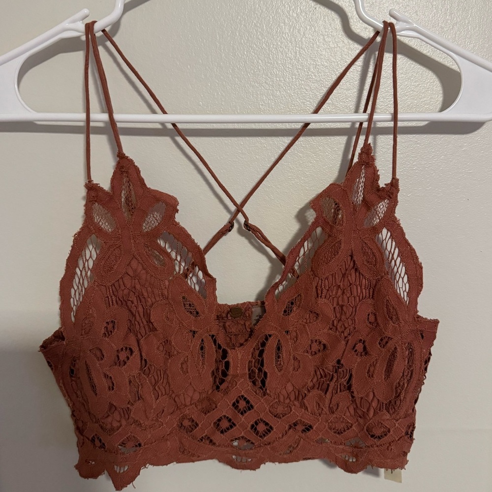 Free People Intimately Adella Rust Lace Bralette Longline Crochet Smocked Small - Picture 2 of 8